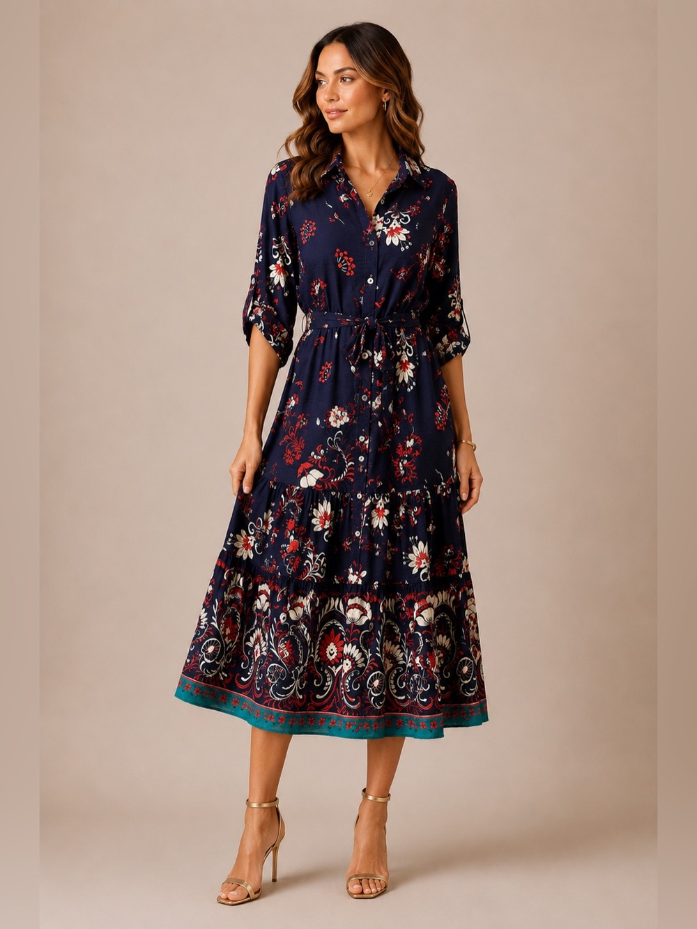 FIGUEROA & FLOWER Navy Boho Floral Midi Dress Tie Waist XL
